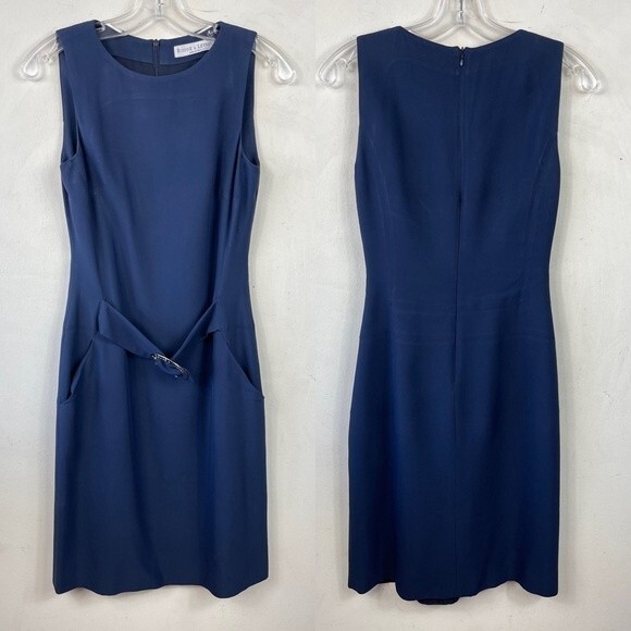 Rouge a Levres Navy Blue Office Work Career Sleeveless Sheath Dress 40 XS Belted - Picture 7 of 14